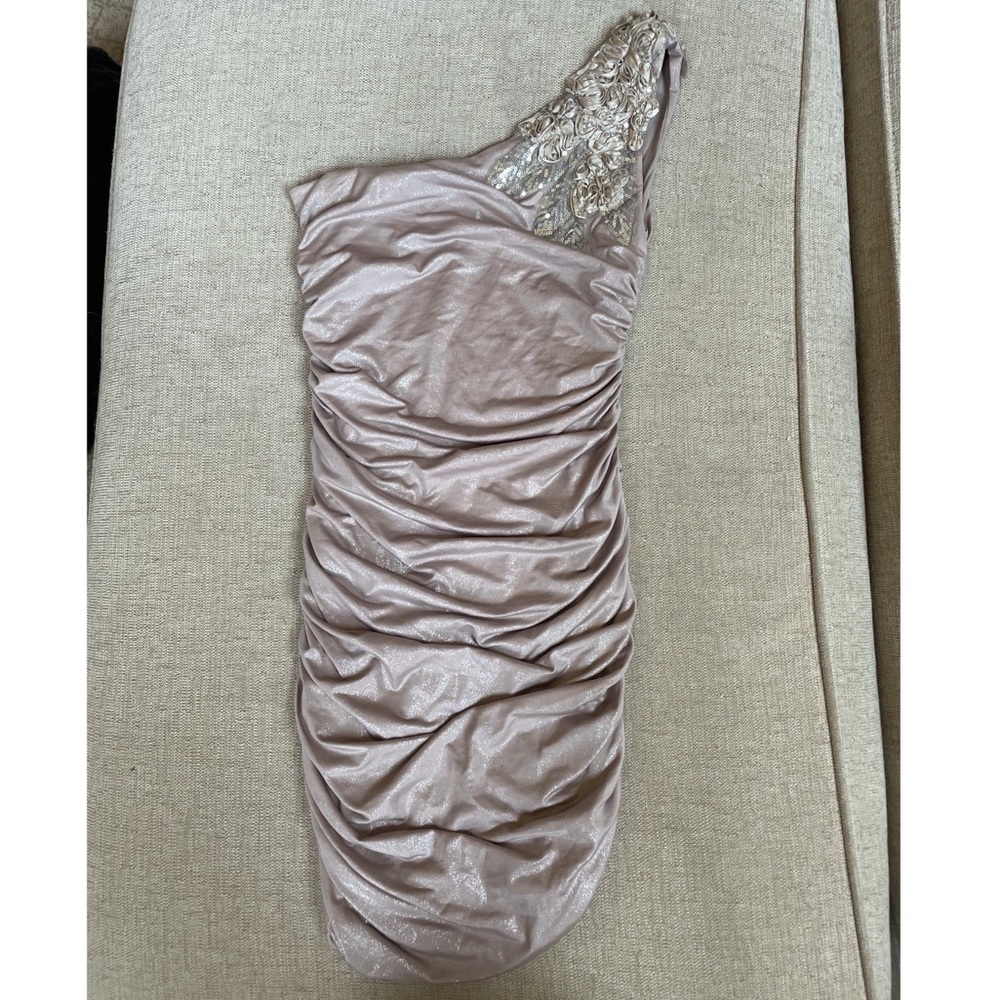 Champagne colored, one shoulder bodycon dress